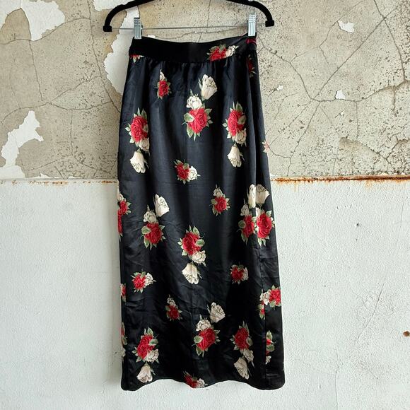 Vtg 90s Wrap Skirt Black Silky Satin Rose Print Midi USA Made Coquette Grunge S - Picture 6 of 7